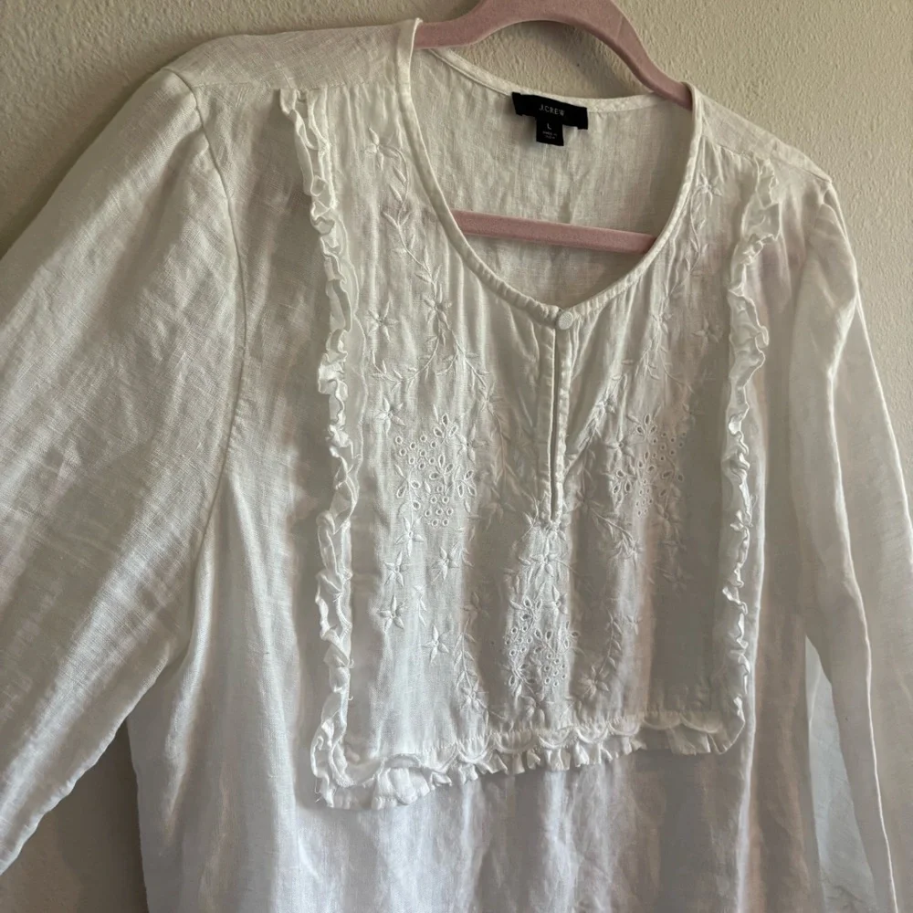 J. Crew Embroidered Tunic Top 100% Linen Blouse Women’s Large White Eyelet-Lace